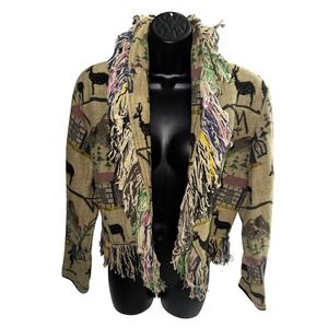 Vintage Cotton Tapestry Tan Jacket Large Fringe Western Boho 100% Cotton Ranch